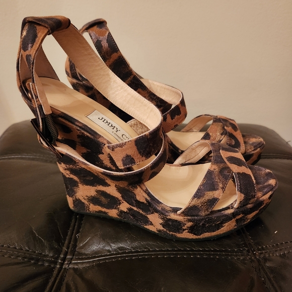 JIMMY CHOO Wedge Sandals PENNY Leperd Black/Gold Size 38 - Picture 2 of 6